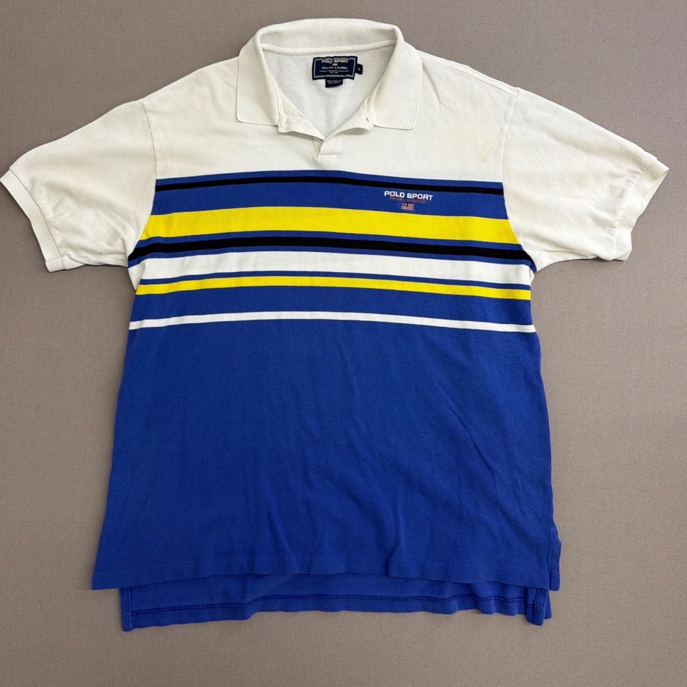 Polo Sport Ralph Lauren Mens XL Blue White Yellow Striped Pique Polo‎ Shirt 2070